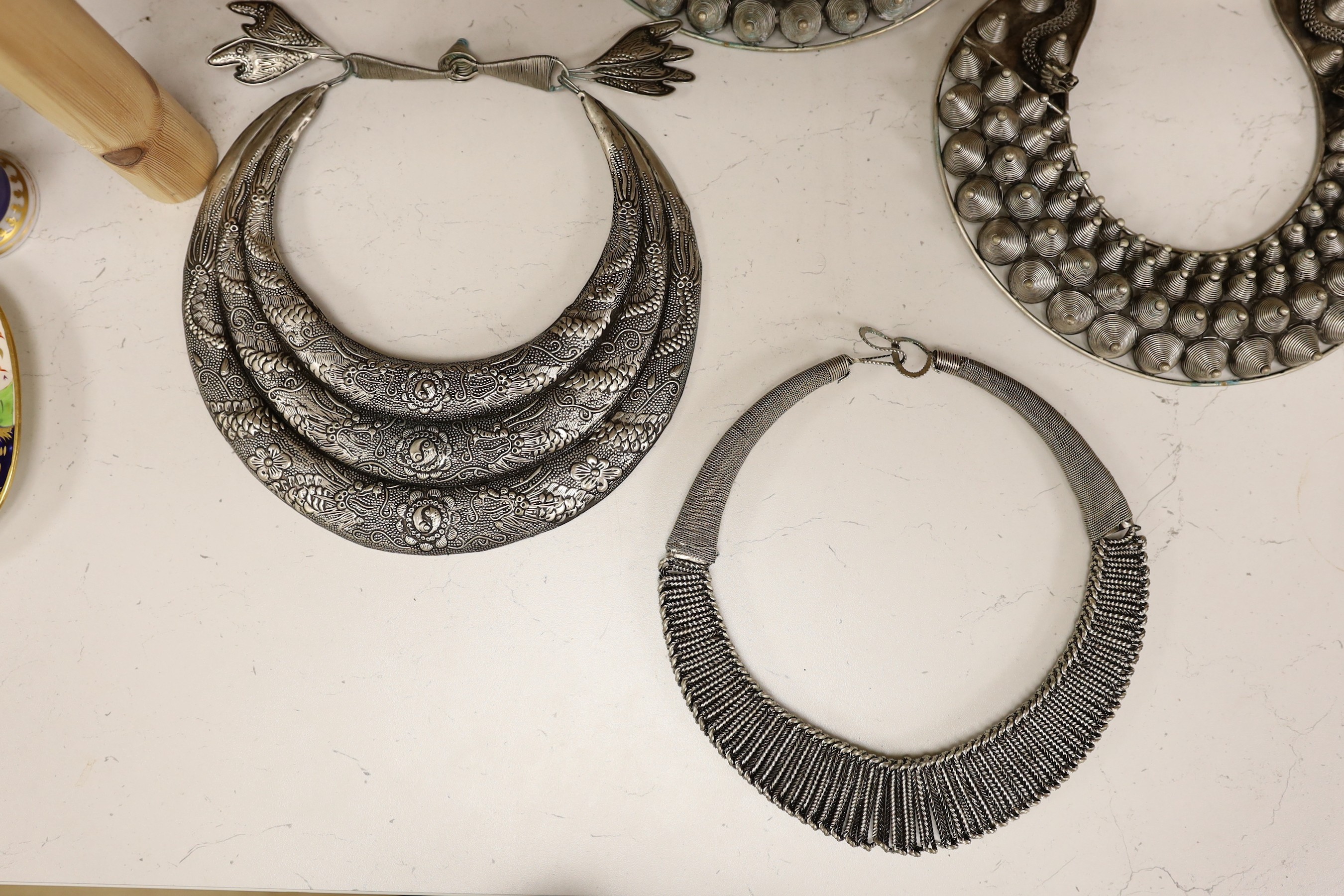 Six various south East Asian white metal collars